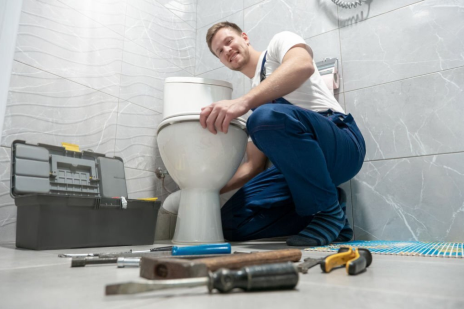 Un homme souriant, plombier en uniforme, qui répare la cuvette des toilettes à l'aide d'un kit d'instruments, semble heureux de ce service de réparation professionnel
