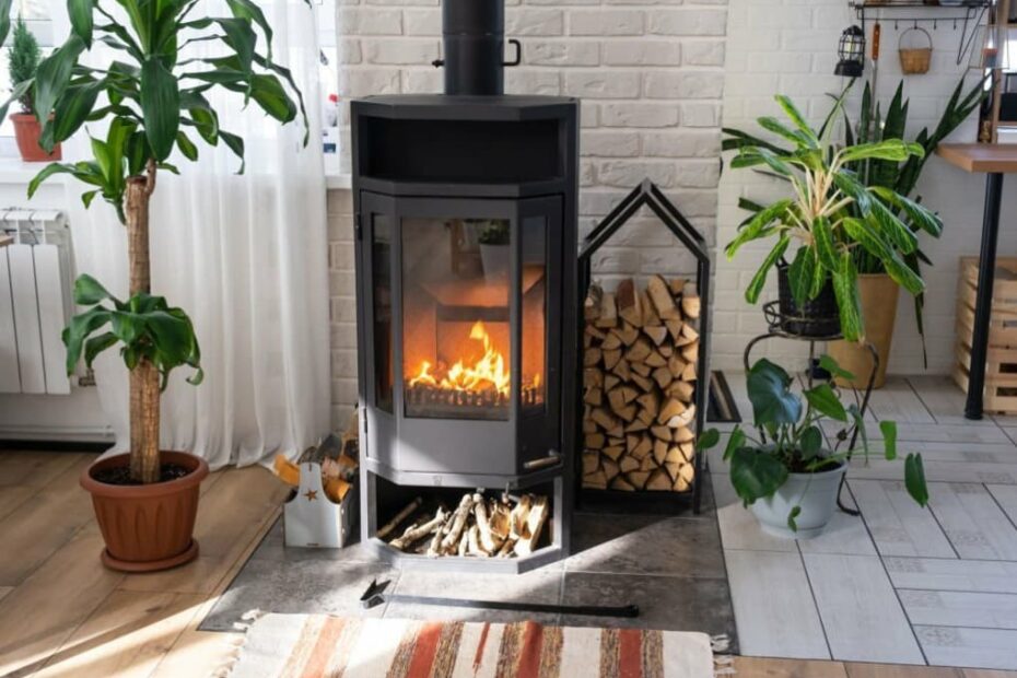 Poêle cheminée en acier en métal noir avec feu et bois de chauffage dans la maison verte avec plante d’intérieur dans le pot de fleurs dans la maison de village