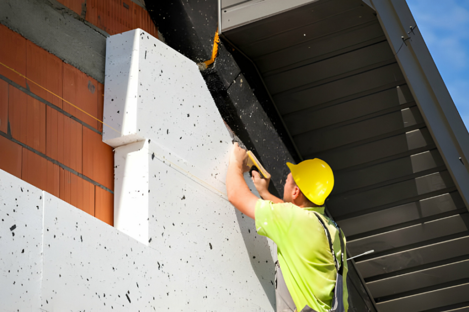 Un travailleur de la construction isole un bâtiment avec de la mousse de polystyrène. Installation de polystyrène sur la façade du bâtiment