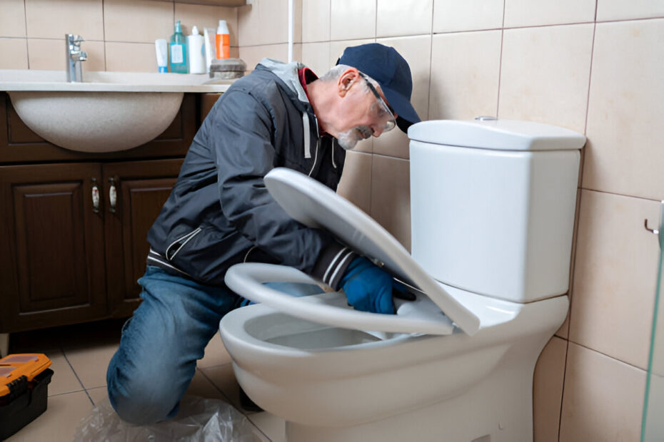 Plombier réparant WC dans une salle de bain