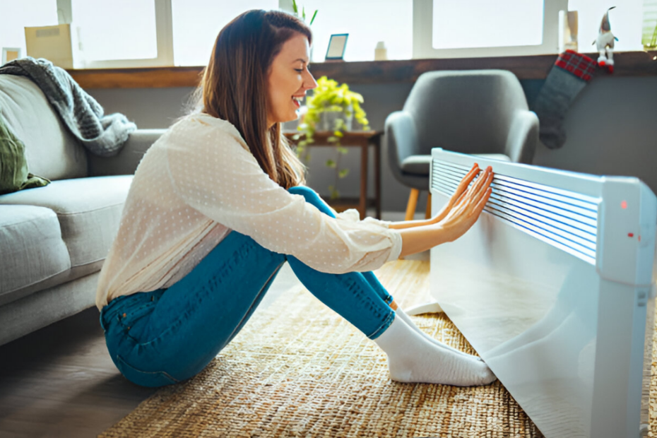 Femme réchauffant les mains près du radiateur électrique à la maison