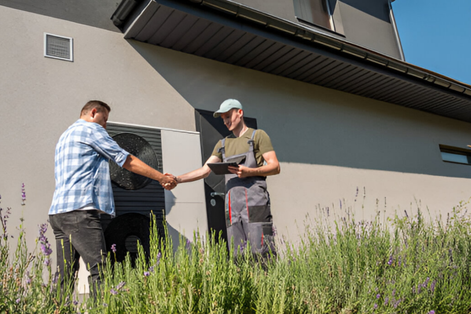 Un propriétaire et un technicien se serrent la main devant une maison près d’une pompe à chaleur externe