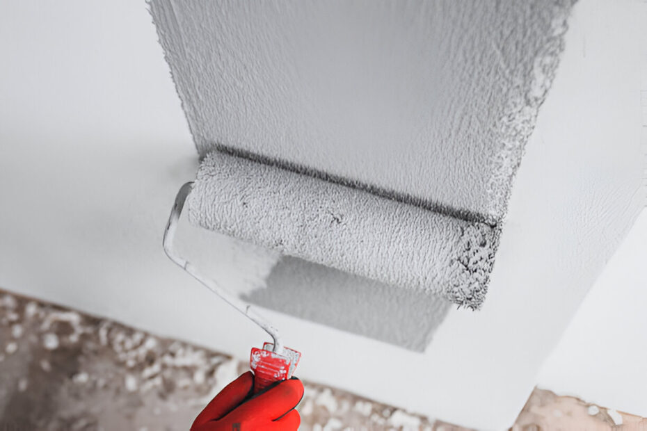 Le peintre peint le mur extérieur du bâtiment avec un rouleau de peinture gris